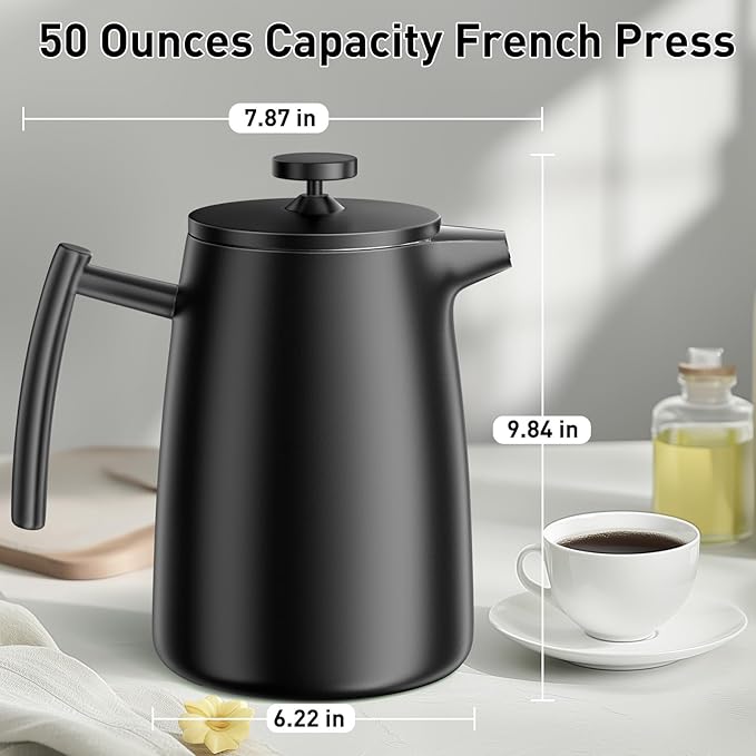 Secura 50oz French Press Coffee Maker – 304 Stainless Steel Insulated Coffee Press with Extra Filter Black