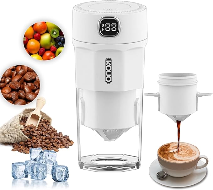 Portable Coffee Grinder and Blender Smoothies with 12Oz BPA Free Personal Travel Cup Durable Stainless Steel Mix Blender with Metal Coffee Filter USB Rechargeable(White)