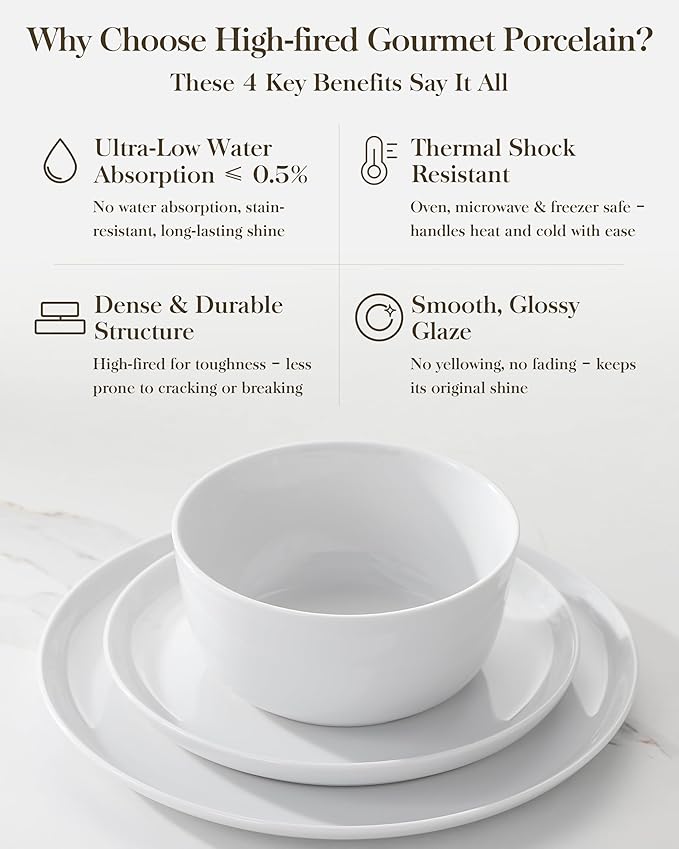 MALACASA 24 Pieces Gourmet Porcelain Dinnerware Sets Premium Plates and Bowls Set High-Fired Ceramic Dishes Set for 8 Chip &amp Scratch Resistant Microwave Dishwasher Safe White Series LEXI