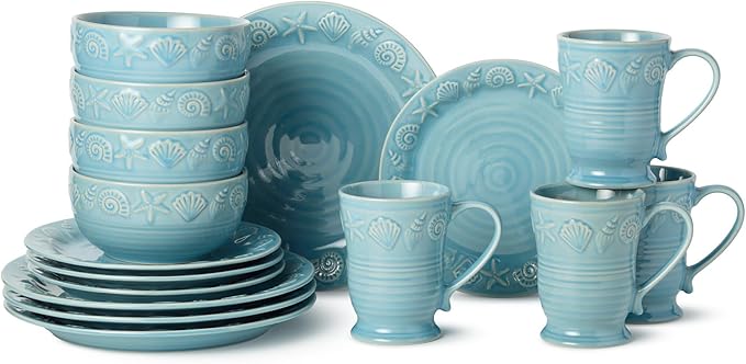 Coastline Blue 16-Piece Stoneware DINNERWARE SETSERVICE for 4with embossed coastal shells and starfish durable sea-blue tableware for relaxed coastal living everyday meals