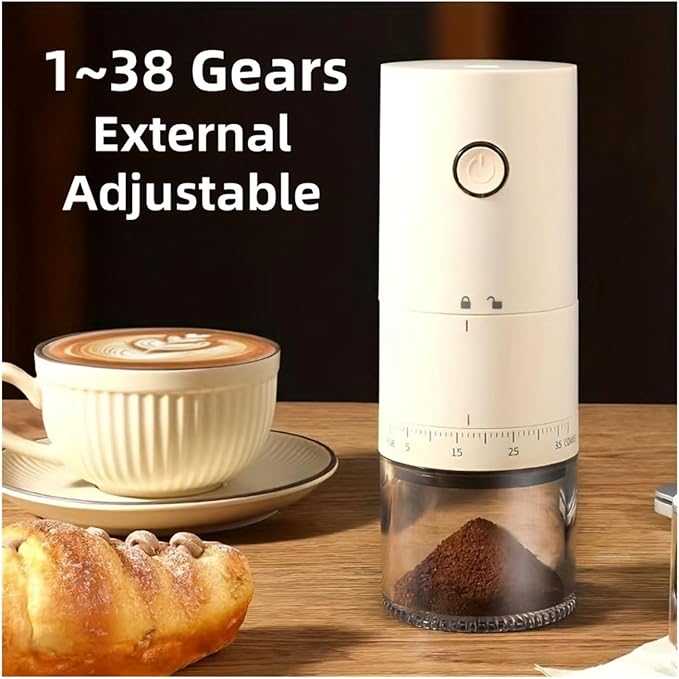 Portable Coffee Machine Portable Electric Coffee Bean Grinder 38 Levels Externally Adjustable USB Charging 1500mAh Rechargeable Home Mini Coffee Makerfor Outdoor Travel Picnic(White)