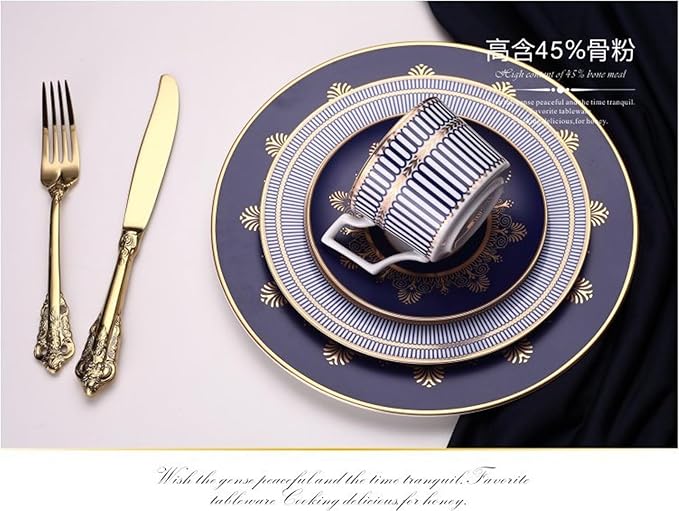European Style Dinnerware Set Service for 4 Bone China Dinnerware Sets Unbreakable Porcelain Dinner Sets Coffee Cup and Saucer Tableware Set Steak Dinner Plates Dish Set Blue Gold