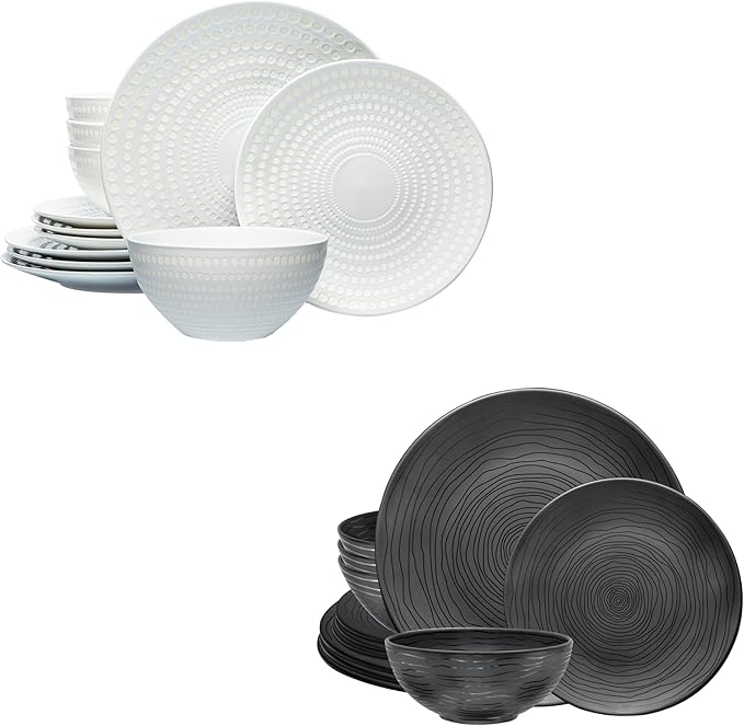 BZYOO 12 Piece Ceramic Dinnerware Set Serive for 4 Porcelain Plates and Bowls for Dining Pearl White Dishes Set + 12 Piece Melamine Dinnerware Set
