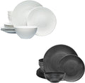 BZYOO 12 Piece Ceramic Dinnerware Set Serive for 4 Porcelain Plates and Bowls for Dining Pearl White Dishes Set + 12 Piece Melamine Dinnerware Set