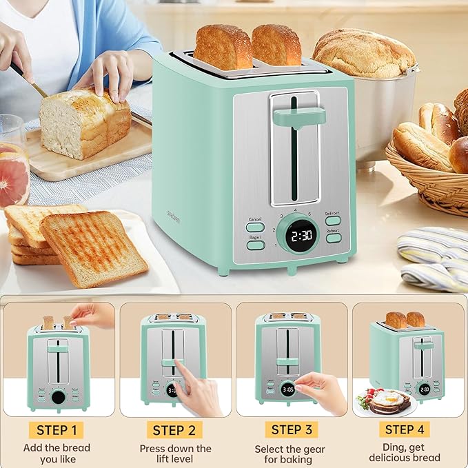 SEEDEEM Toaster 2 Slice Bread Toaster with LCD Display 7 Shade Settings 1.４'' Variable Extra Wide Slots Toaster with Cancel Bagel Defrost Reheat Functions Removable Crumb Tray 900W Azure Blue