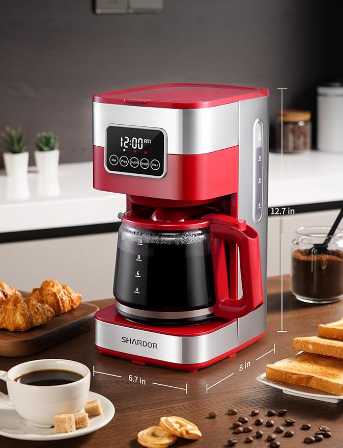 SHARDOR 10-Cup Programmable Coffee Maker Regular &amp Strong Brew Drip Coffee Machine for Home and Office Auto Shut Off Permanent Filter (red)