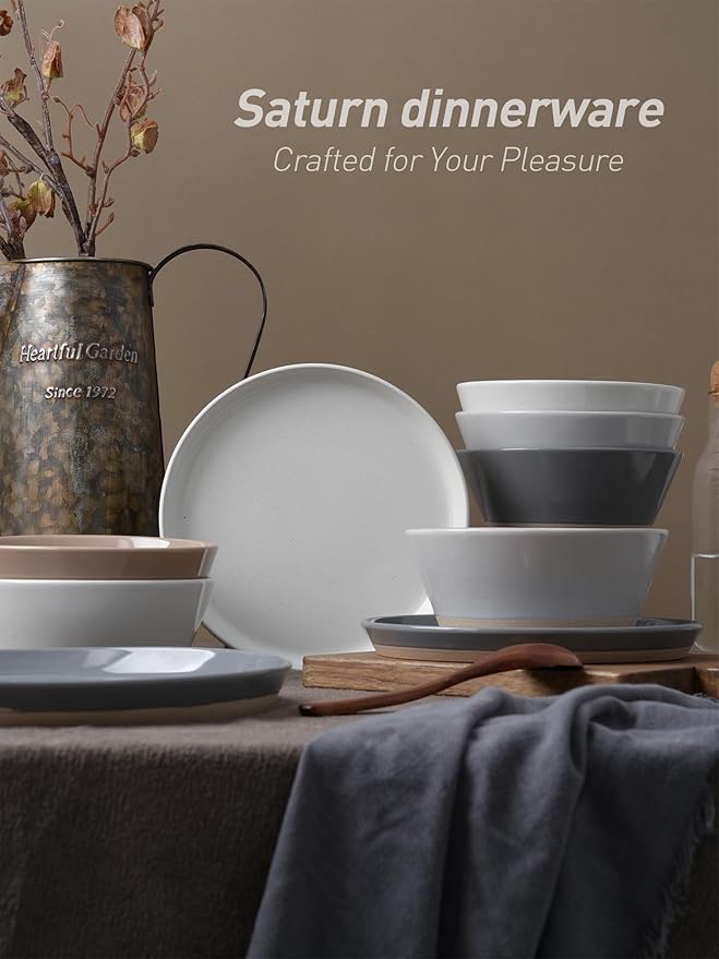 Famiware Saturn 16 Pieces Plates and Double Bowls Sets for 4 Stoneware Dinnerware Set with Pasta Bowl Dish Set with Trim - Chip &amp Scratch Resistant Microwave &amp Dishwasher Safe Multi-color