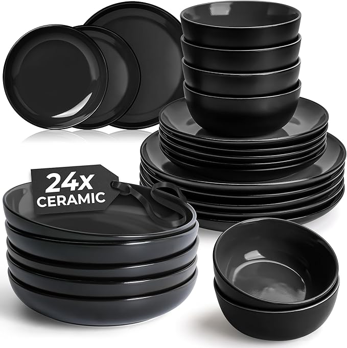 MIAMIO – Service for 6 Dishware Set/Stoneware Dinnerware Set – Including Plates Soup Plates and Bowls – Microwave &amp Dishwasher Safe – Le PaPillon Collection (Black 24-Pieces)