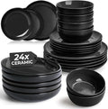 MIAMIO – Service for 6 Dishware Set/Stoneware Dinnerware Set – Including Plates Soup Plates and Bowls – Microwave &amp Dishwasher Safe – Le PaPillon Collection (Black 24-Pieces)