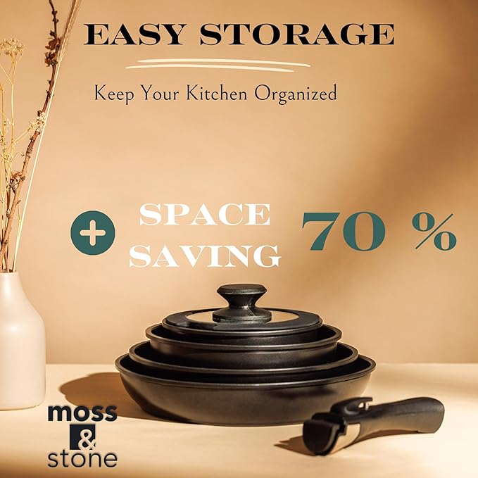 Moss &amp Stone 10pcs Black Pots and Pans Set Non Stick Cookware Sets Detachable Handle RV Kitchen Set Removable Handle Oven Safe Induction Ready Stackable Non-stick Set Camping Cookware Set