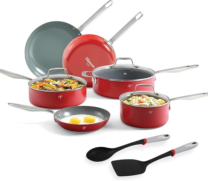 Guy Fieri's Flavortown 11-Piece Ceramic Cookware Set Nonstick Pots and Pans for Cooking Made without PFAS PTFE PFOA Oven Safe Dishwasher Safe Easy to Clean Everyday Cookware Red