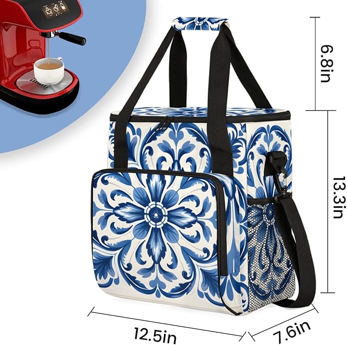 Classic Floral Print Coffee Maker Travel Bag for Keurig K-Mini/K-Mini Plus Insulated Waterproof Tote with Pockets for K-Cup Portable Single-Serve Brewer Case