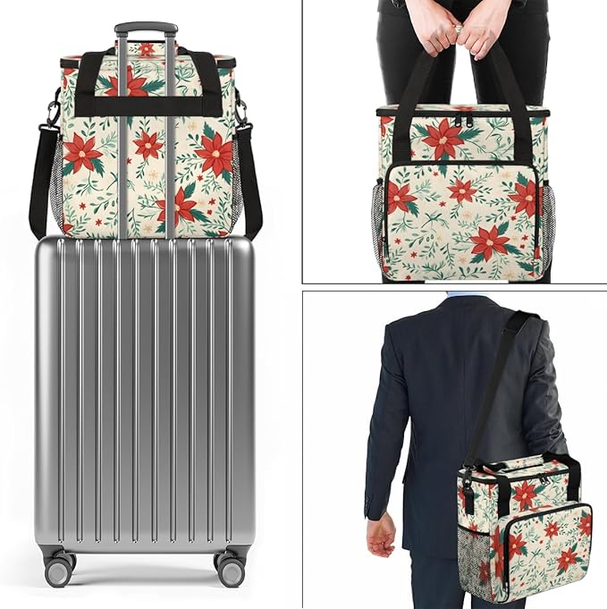 Xmas Red Holly Berries Coffee Maker Carrying Bag Travel Storage Bag Compatible with K-Mini or K-Mini Plus Single Serve Coffee Brewer Carrying Case with Multiple Pockets &amp Shoulder Strap