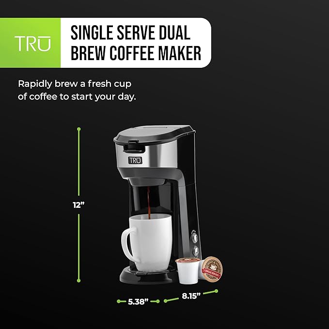 Tru Single Serve Brew System by Select Brands - Single Cup Coffee Maker Using Coffee Capsules or Grounds - Features Removable Drip Tray &amp One-Touch Controls - 14 Fluid Ounces
