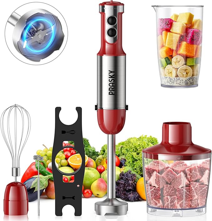 Immersion Blender Handheld Hand Blenders 20 Speed &amp Turbo Mode Hand Held Blender Heaviest Duty Copper Motor Stainless Steel Blades Milk Frother Wand Whisk 600ml Beaker 500ml Chopper (Red)