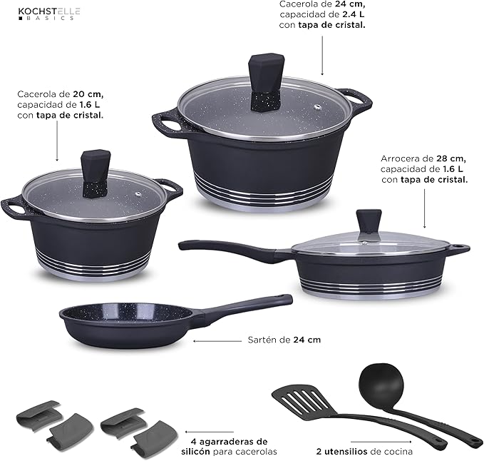 Non Stick Cookware Set Marble 13Pieces Black Kochstelle Basics… (Black)