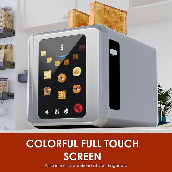WHALL Full Touch Screen Toaster 2 Slice 1.5'' Wide Slot Stainless Steel Toaster with Digital Timer 6 Bread Types &amp 6 Shade Settings Crumb Tray Reheat/Defrost Smart Toasters for Bagels Silver