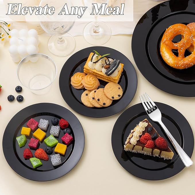 BESTSTAR 200PCS Black Plastic Plates Set 100 10.25 inch Dinner Plates and 100 7.5 inch Dessert Plates Premium Disposable Plates for Party Wedding