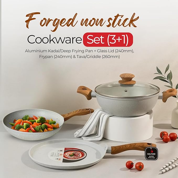 SALFORD Non-Stick Pots and Pans Cookware Set (3+1 piece)- Kitchen Cooking Sets Aluminium Deep Frying Pan + Skillet + Crepe pan Induction Compatible &amp Gas (PFOS PFOA Free)