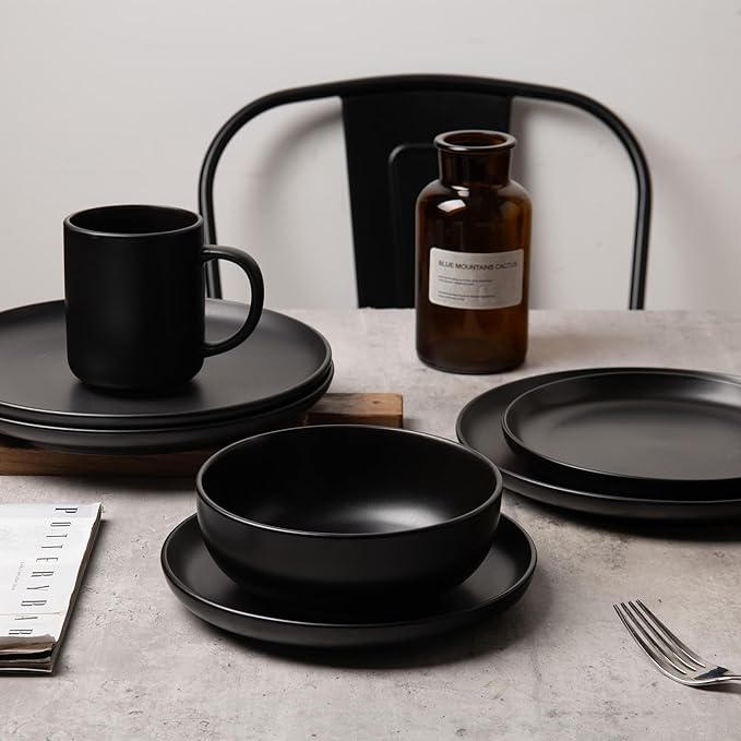 12-Piece Stoneware Dinnerware Set with Mugs | Microwave and Dishwasher Friendly | Stackable Matte Glaze Plates &amp Bowls | Service for 3 (Black for 3)