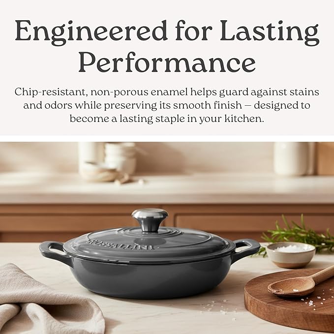 Signature Enameled Cast Iron Braiser Non-Stick Serving Pot with Tight Fitting Lid for Perfect Roasting Baking Sauteing Searing and Pan Frying | 1.5Q (1.4L) - Oyster Grey