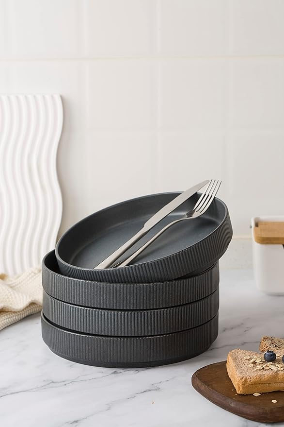Famiware Dinnerware Set for 4 (12 Piece) and 7.5 Paste Bowl Set (4 Piece) and 4oz Dipping Bowl Set (6 Piece) - Star Stoneware Dishes - Matte Dark Charcoal