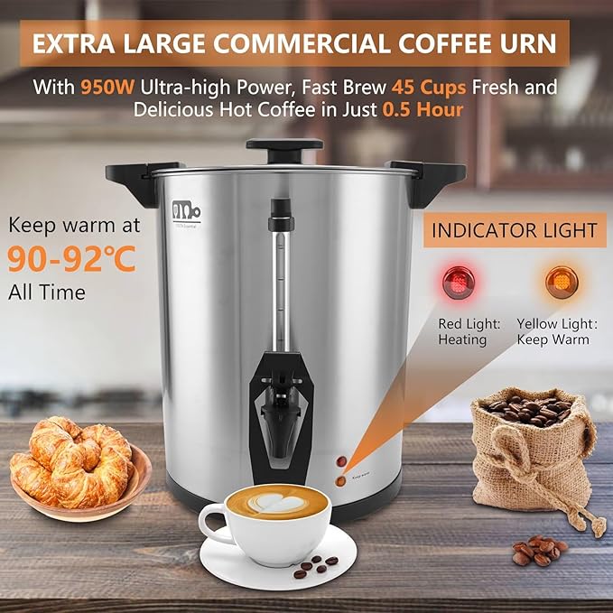 45 Cup 8L/2.11Gallon Commercial Coffee Urn Festa Essential 950W Large Percolate Coffee Maker Hot Beverage dispenser With Double Dripless FaucetQuick-Brewing Hot Water Urn for CateringHomeEvents