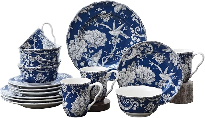 222 Fifth Adelaide 32-Piece Porcelain Dinnerware Set – Service for 4 Romantic Bird &amp Floral Design Everyday Big Dinner Plates and Bowls Sets Microwave &amp Dishwasher Safe