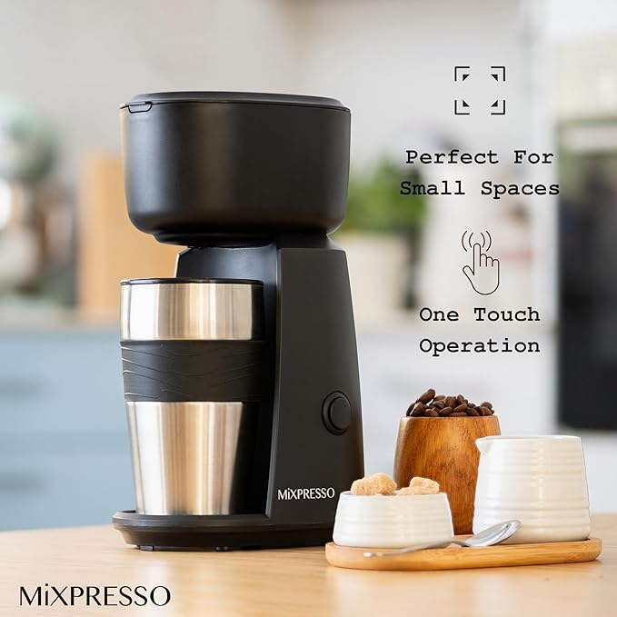 Mixpresso Personal Single Serve Coffee Maker &amp 14oz Travel Mug Drip Small Coffee Maker &amp Tumbler Auto Shut Off &amp Reusable Filter Compatible with Coffee Grounds