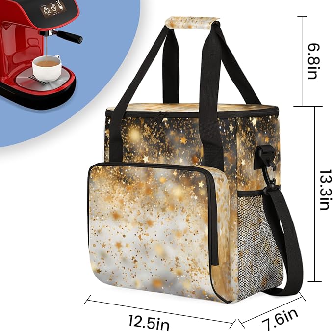 Glitter Coffee Maker Carrying Bag Black Gold Portable Travel Storage Tote Bag Compatible with K-Mini or K-Mini Plus Single Serve Coffee Brewer Carrying Case with Multiple Pockets &amp Shoulder Stra