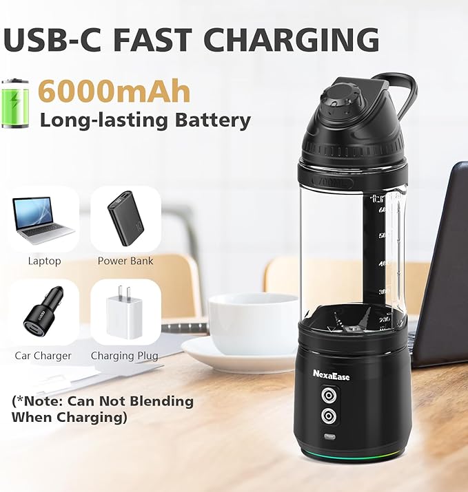 Portable Personal Blender for Smoothies Protein Shakes Frozen Drinks - 24Oz Blender Cup Bottle with Sip Spout Travel Lid USB-C Rechargeable Cordless - Mini Small Blenders for Kitchen Gym Office