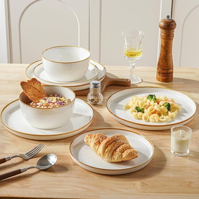 Yachi Plates and Bowls Sets 12 Pieces Modern Style Porcelain Dinnerware Set for 4 Kitchen Dinner Set Ceramic Lightweight Dishware Dishes Set Microwave and Dishwasher SafeWhite Reactive Series