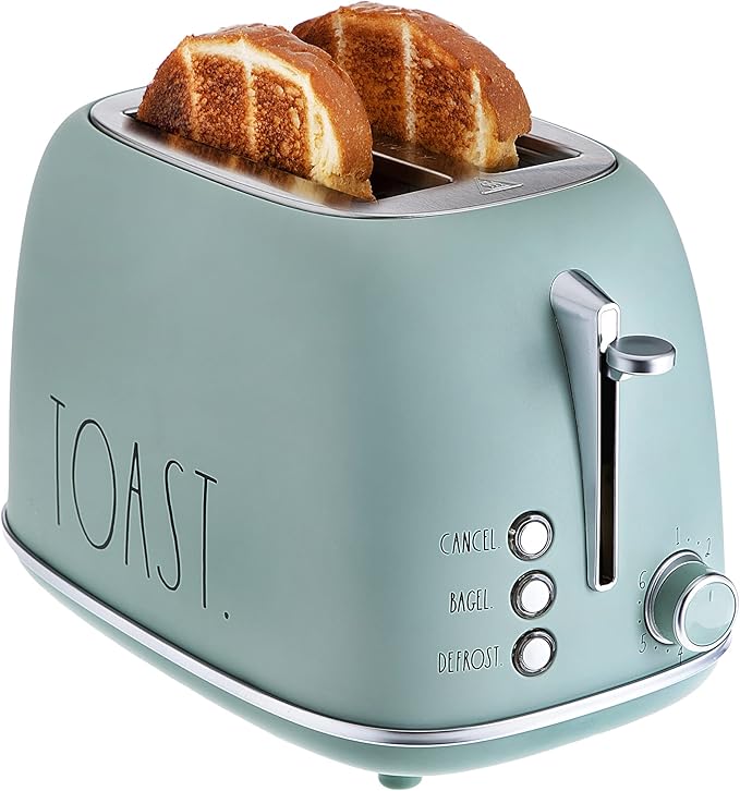 Rae Dunn Retro Rounded Bread Toaster 2 Slice Stainless Steel Toaster with Removable Crumb Tray Wide Slot with 6 Browning Levels Bagel Defrost and Cancel Options Green