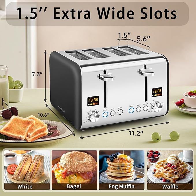 SEEDEEM 4 Slice Stainless Toaster - Color LCD Display 7 Shade Settings 1.5'' Wide Slots Bagel/Defrost/Reheat Functions Removable Crumb Tray Dark Chocolate 1800W