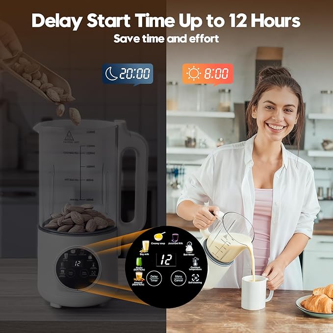 8-in-1 Nut Milk Maker Machine 50oz Glass Soy Almond Oat Milk Maker with 20 Blades Delay Timer Constant Temperature Self-Cleaning Overheat Protection Recipe Included
