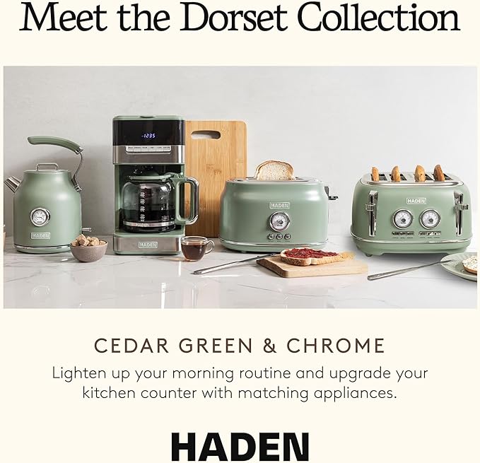 Haden Dorset 2 Slice Wide Slot Stainless Steel Toaster with Adjustable Browning Control &amp Non Slip Feet Cedar Green &amp Chrome
