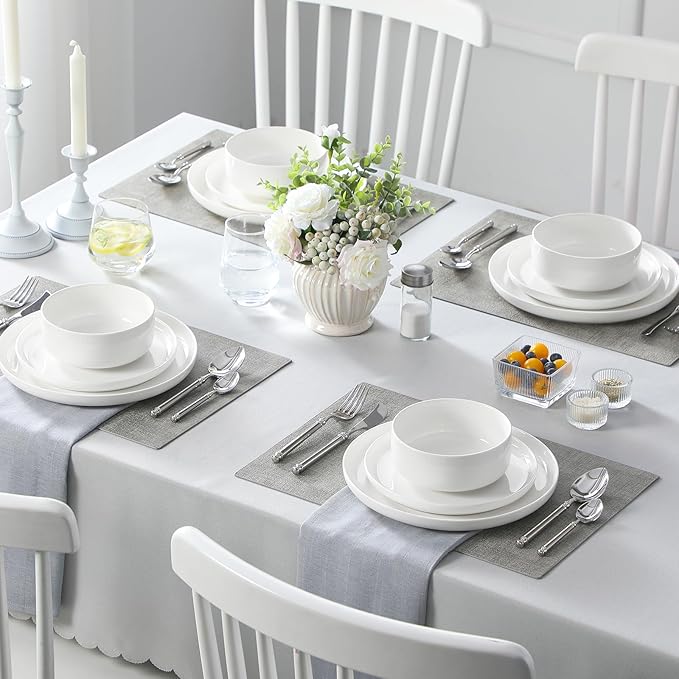 MALACASA Plates and Bowls Sets bundle with 2.5 OZ Porcelain Espresso Cups with Saucers and Metal Stand Set of 4 12 Pieces Porcelain Dinnerware Sets Dishware Sets