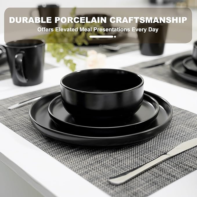 EWFEN Plates and Bowls Sets 32 Pieces Ceramic Dinnerware Set for 8 Stoneware Dishware Dishes Set Scratch Resistant Dishes Set Dishwasher &amp Microwave Safe Black