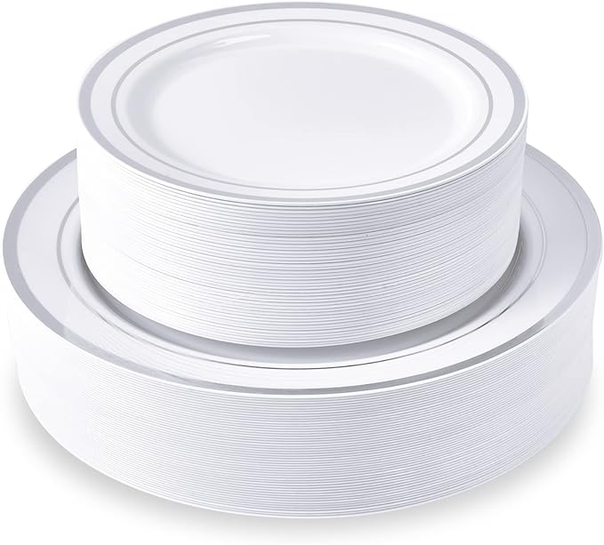 JollyPack 100 Piece Disposable Silver Plastic Party Plates Including 50 10 Inch Dinner Plates and 50 7 Inch for Dessert Great for Parties Weddings Home Use and Christmas