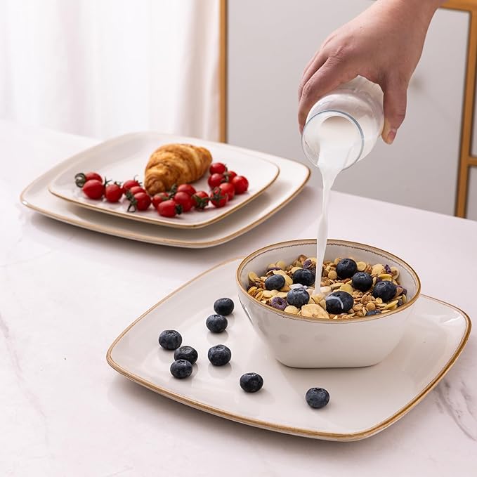 AmorArc Ceramic Dinnerware Sets for 4 12 Pieces Square Handpainted Plates and Bowls Set Chip and Scratch Resistant Stoneware Dishes Set Dishwasher &amp Microwave Safe Pearl White