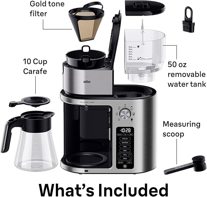 Braun MultiServe Plus 10-Cup Drip Coffee Maker - Hot &amp Cold Multi-Serve Brewer with Timer and Auto Start Hot Water Dispenser Over Ice Function Stainless Steel &amp Pod-Free Design KF9370SI