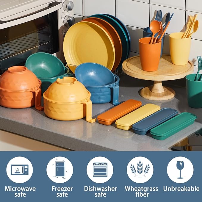 24 Pcs Microwave Ramen Cooker Set Microwavable Wheat Straw Dinnerware Sets with 40oz Ramen Bowl Plates Cups and Cutlery Box Dishwasher Safe Camping College Dorm (Bright Colors)