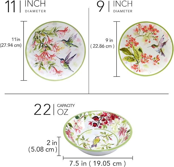 Hummingbirds 12-Piece Melamine Dinnerware Set – Service for 4 with Dinner Salad and Bowls – Lightweight Durable Dishwasher Safe Floral Hummingbird Design for Indoor &amp Outdoor Dining