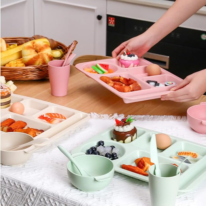 Bokon 24 Pcs Divided Plate for Adult Wheat Straw Lunch cutlery Set Toddler Dinnerware Microwave Safe Picnic School(Mixed Color)