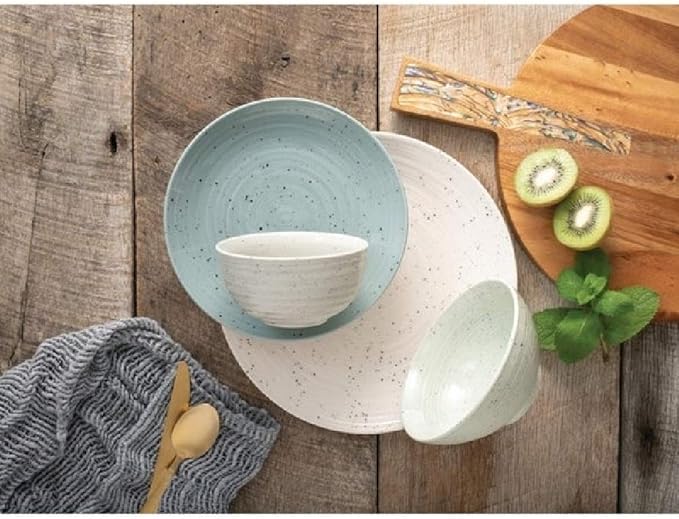16 Piece All Seasons Farmhouse Casual Solid Textured Pattern Stoneware Dinnerware Sets Modern &amp Contemporary Rustic Charm Multi Colored White Seafoam Blue Plates and Bowls Sets
