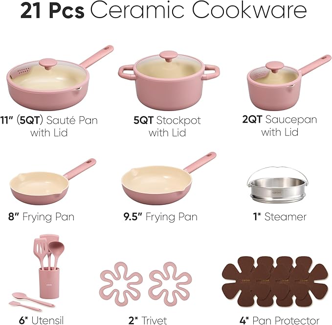 CAROTE 21pcs Cookware Set Nonstick Pots and Pans Set Ceramic Cookware Set Induction Cookware Non toxic Healthy Non Stick Kitchen Cooking Set PFAS PTFE Free