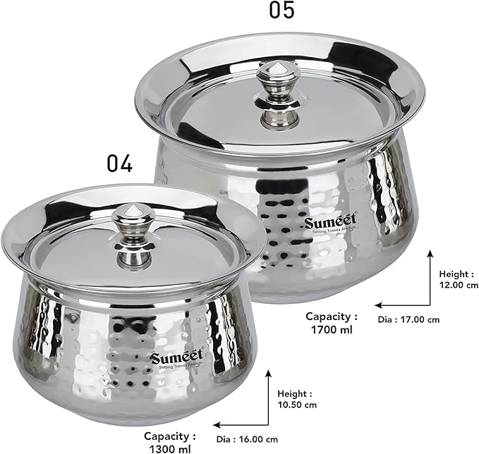 Sumeet Stainless Steel Handcrafted Hammered Texture Handi Set with Lid for Kitchen Set of 2 1300ml &amp 1700ml Silver