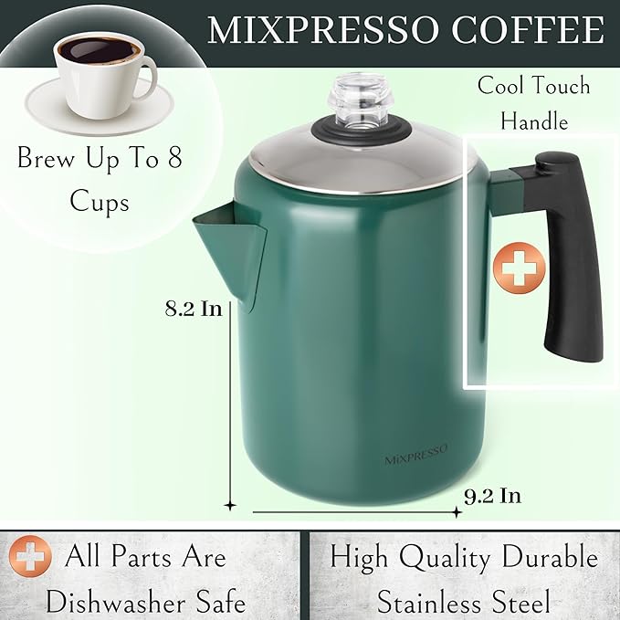 Mixpresso Green Stainless Steel Coffee Percolator Stovetop 37oz Classic Percolator Coffee Pot Great For Camping Pot 5-8 Cup Stove Top Espresso Maker Cool-Touch Handle