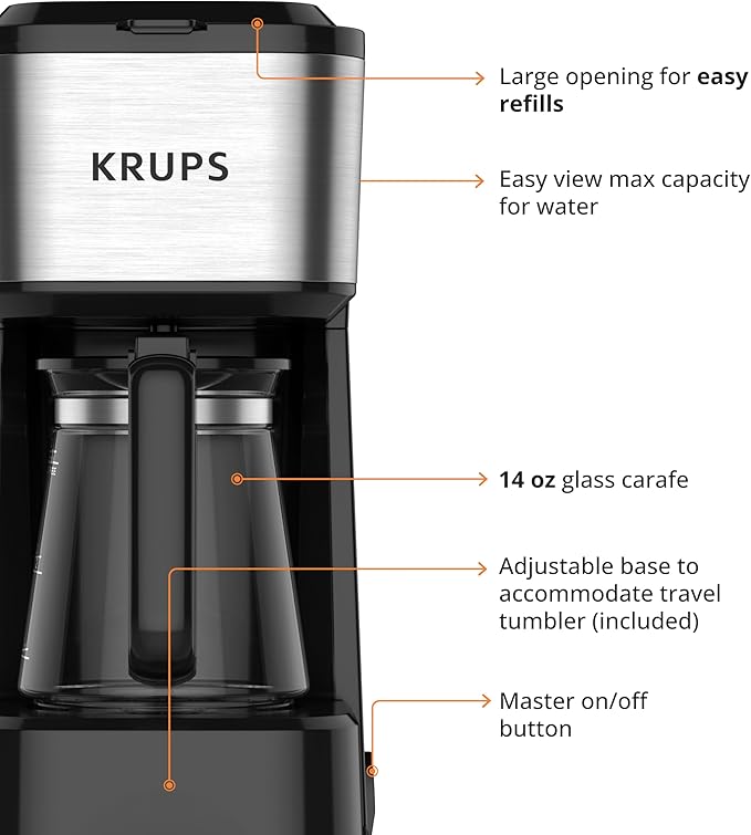 KRUPS Simply Brew Coffee Maker - Multi-Serve 4-in-1 with Stainless Steel Travel Tumbler Black 14oz
