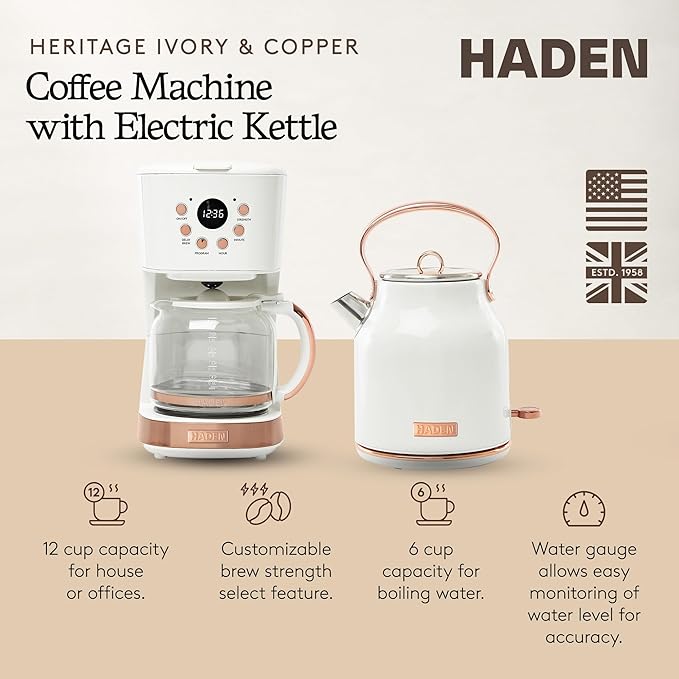HADEN Coffee Machine 12 Cup Drip Coffee Maker Bundled with Heritage 1.7 Liter Stainless Steel Electric Kettle Ivory &amp Copper